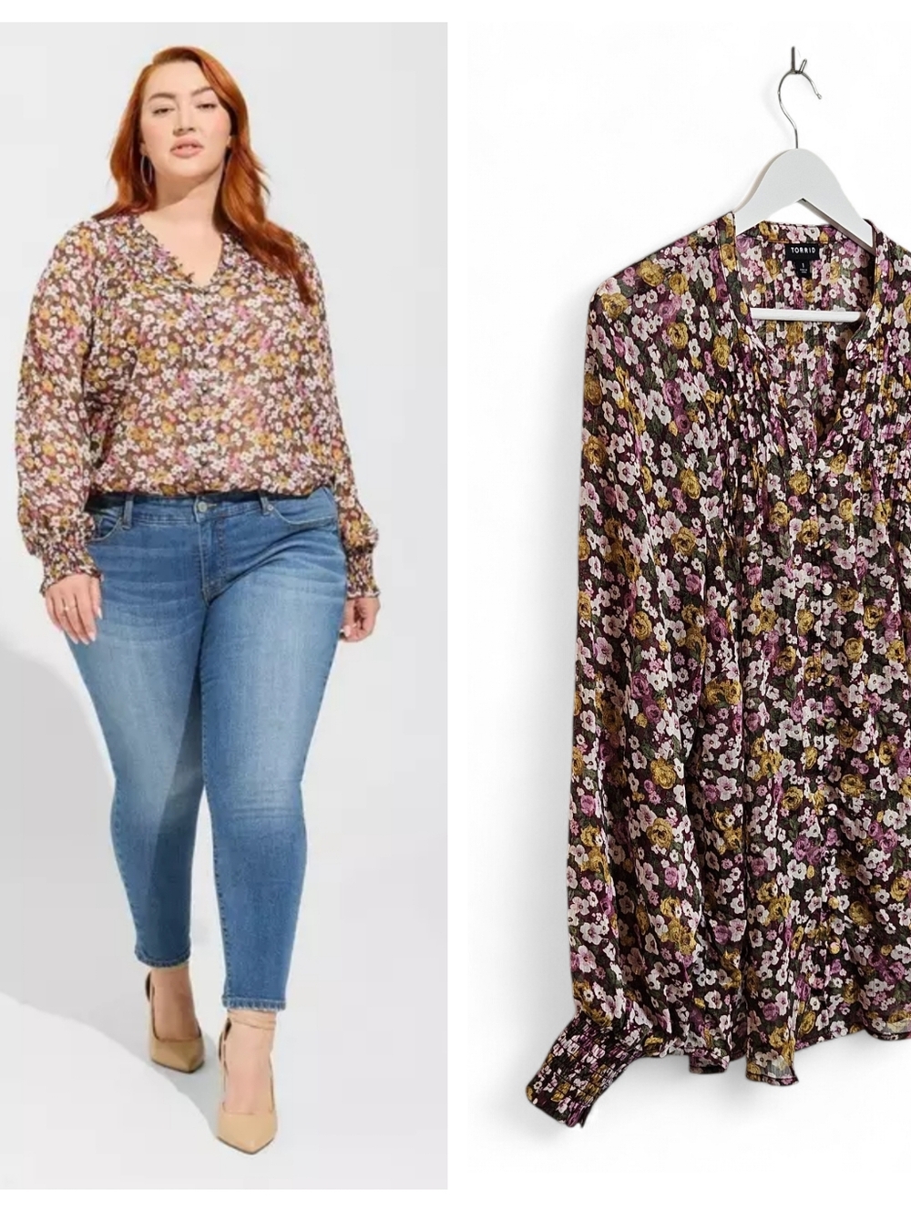 Torrid Blouse 1 Crinkle Chiffon Metallic Floral Boho Whimsygoth Burgundy Gold